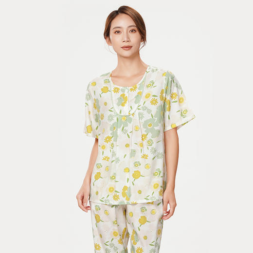 都市丽人好睡好眠春夏睡衣女梭织印花家居服薄款短袖长裤女士梭织棉套装LH42A1 商品图1