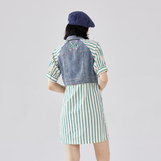 谜底牛仔拼接条纹连衣裙短袖2024春新款复古翻领中长裙241ML0155 商品图2