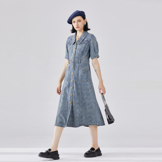 谜底水洗牛仔连衣裙短袖女2024春新款丹宁风亲肤中长裙241ML0137 商品图1