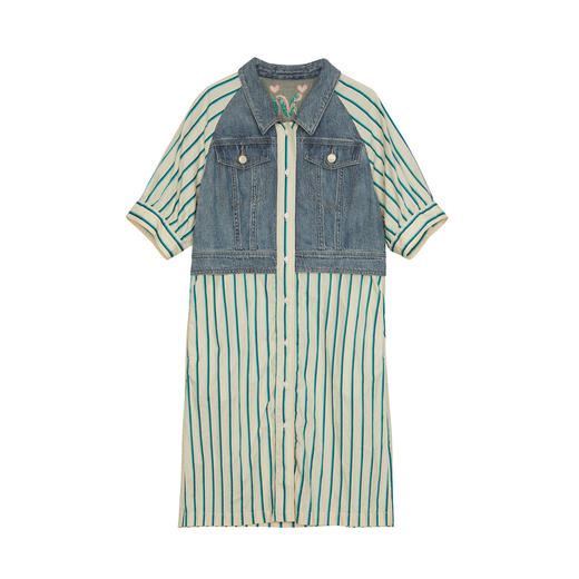 谜底牛仔拼接条纹连衣裙短袖2024春新款复古翻领中长裙241ML0155 商品图4