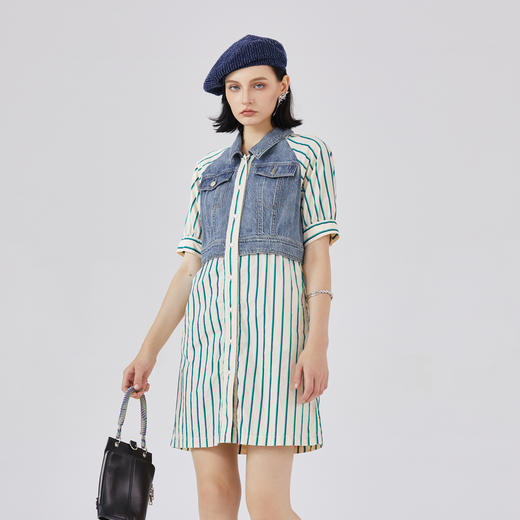 谜底牛仔拼接条纹连衣裙短袖2024春新款复古翻领中长裙241ML0155 商品图1
