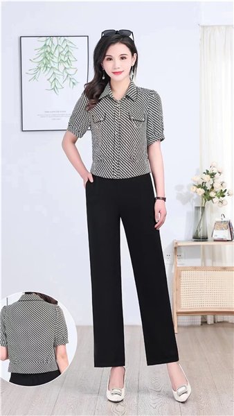 B7023       洋气格纹印花修身显瘦短袖上衣+阔腿裤两件套套装