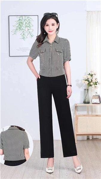 B7023       洋气格纹印花修身显瘦短袖上衣+阔腿裤两件套套装 商品图0
