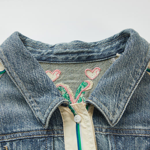 谜底牛仔拼接条纹连衣裙短袖2024春新款复古翻领中长裙241ML0155 商品图3