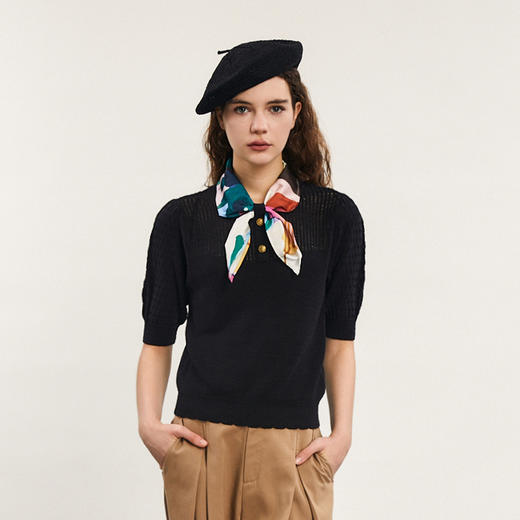 谜底套头针织上衣短袖女2024春款复古可拆卸丝巾领毛衫241MZ0348 商品图0