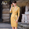 AD御姐范职业连衣裙女秋季七分袖黄色工作服时尚气质假两件丝裙子 商品缩略图1