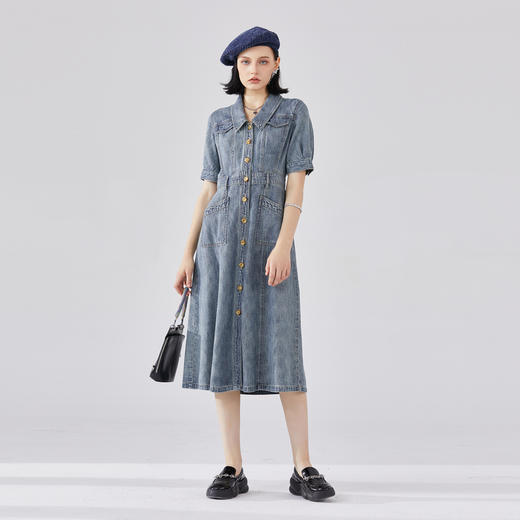 谜底水洗牛仔连衣裙短袖女2024春新款丹宁风亲肤中长裙241ML0137 商品图0