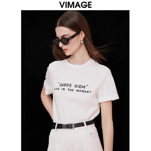VIMAGE纬漫纪夏季新款时尚百搭打底舒适圆领印花T恤女V2102705 商品图1