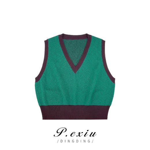 03-3潘依绣丁丁宠粉PanYiXiu/潘依绣秋季百搭时尚撞色V领宽松无袖针织马ZZ0519 商品图0