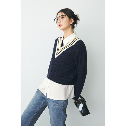 【严选】诗凡黎春大v领学院风撞色领边宽松直筒针织衫SF2330181 商品图4