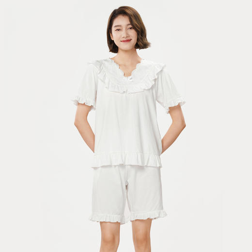 都市丽人生活家居春夏睡衣女32支纯棉单面家居服薄款短袖短裤女士纯棉套装新年本命年红品LH42C4 商品图3