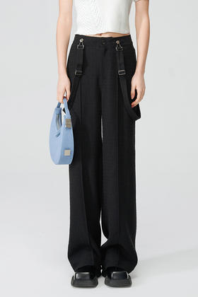 Self Who黑色休闲背带裤女2024春新款通勤原创设计垂感直筒阔腿裤