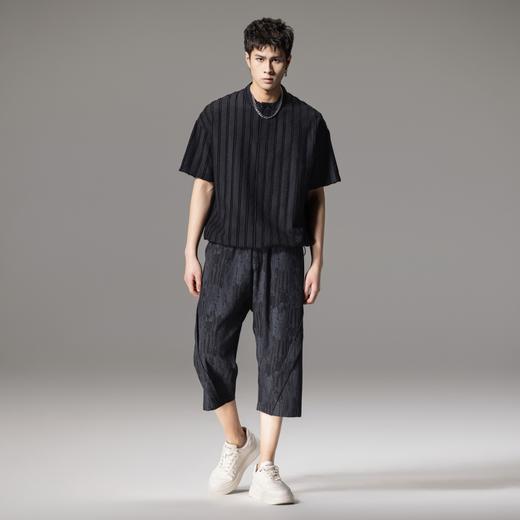 PINLI品立夏季新款纯色竖纹肌理短袖T恤男士潮牌宽松休闲体恤B242111010 商品图4