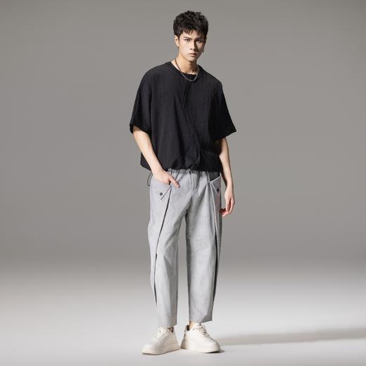 PINLI品立2024夏季新款连肩袖圆领宽松立体提花短袖T恤男士上衣潮B242111004 商品图1