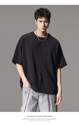 PINLI品立2024夏季新款连肩袖圆领宽松立体提花短袖T恤男士上衣潮B242111004