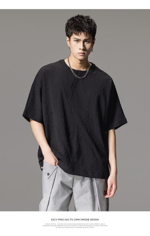 PINLI品立2024夏季新款连肩袖圆领宽松立体提花短袖T恤男士上衣潮B242111004 商品图0