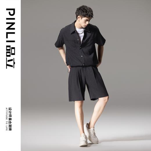 PINLI品立夏季新款男士系皮带条纹休闲短裤五分裤B242117019 商品图1