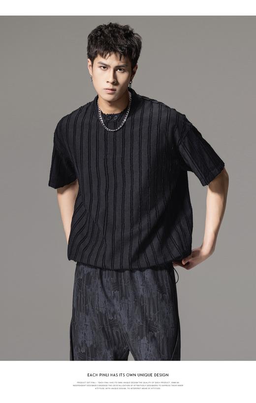PINLI品立夏季新款纯色竖纹肌理短袖T恤男士潮牌宽松休闲体恤B242111010 商品图7