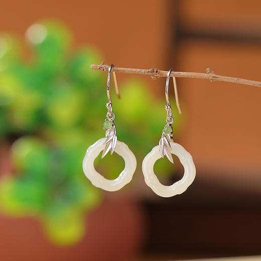 【玉竹明秀】S925银镀金和田玉碧玉竹节竹叶菱形镂空耳坠【CW-EG01907】 商品图2