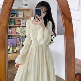 春秋季新款【温柔风方领连衣裙 法式设计感】蝴蝶结仙女 气质长袖裙子女