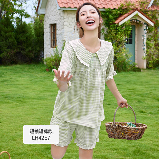 都市丽人生活家居春夏睡衣女针织人棉提花家居服薄款短袖短裤女士针织套装LH42E7 商品图5