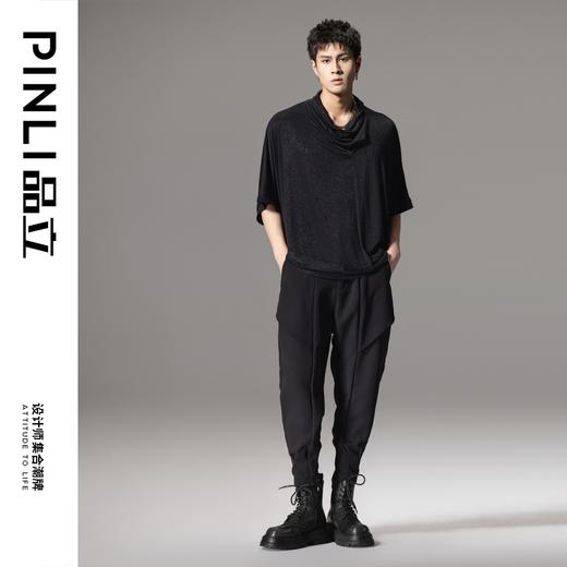 PINLI品立夏季新款堆堆领暗黑T恤潮流时尚宽松休闲短袖男上衣B242111005 商品图1