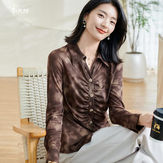 米思阳2026春季新款别致设计感扎染衬衫褶皱修身弹力开衫上衣0034 商品图0