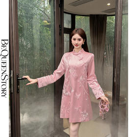 BeQueenStory【一枕清伶】重工刺绣花醋酸滑爽抗皱气质新中式连衣裙