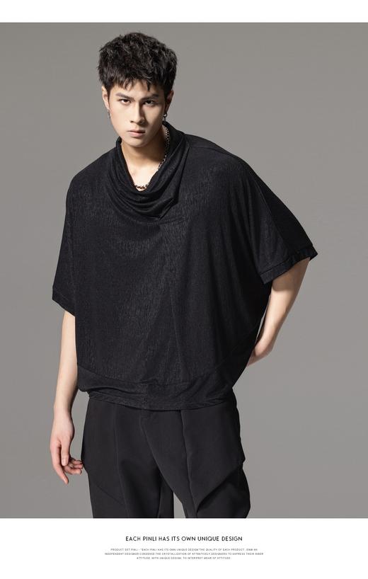 PINLI品立夏季新款堆堆领暗黑T恤潮流时尚宽松休闲短袖男上衣B242111005 商品图7