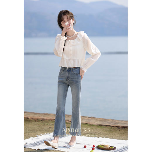 鹿向南《文艺复兴》早春气质复古牛仔裤女2024新款通勤开叉微喇裤 商品图4