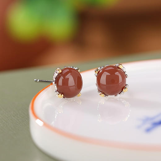 【相思无尽】S925银镀金南红复古圆形耳饰【CW-ED03015】 商品图1