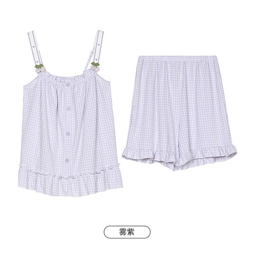 都市丽人生活家居春夏睡衣女针织人棉提花家居服薄款吊带短裤女士套装LH42F6 商品图14