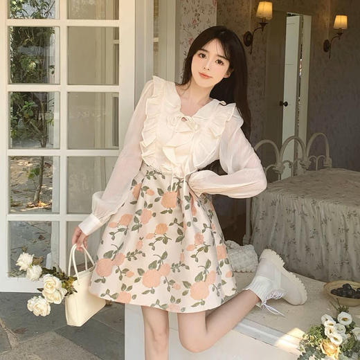 春秋季【法式假两件V领连衣裙女 新款设计感】气质收腰 碎花短裙子潮 商品图1