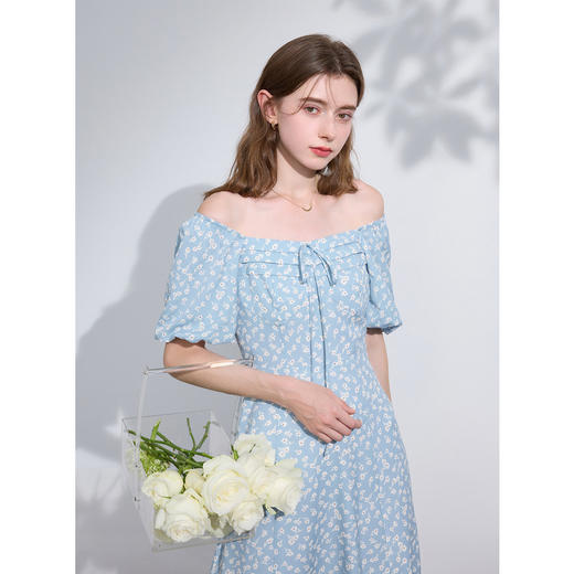 三彩2024春季新款法式碎花裙方领灯笼袖收腰A字裙开叉长裙优雅女M 商品图2