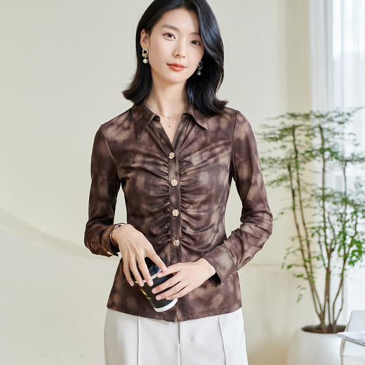 米思阳2026春季新款别致设计感扎染衬衫褶皱修身弹力开衫上衣0034 商品图1