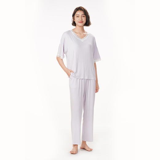 都市丽人生活家居春夏睡衣女针织罗纹家居服薄款七分袖长裤女士套装LH42F7 商品图1