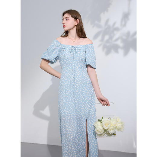 三彩2024春季新款法式碎花裙方领灯笼袖收腰A字裙开叉长裙优雅女M 商品图3