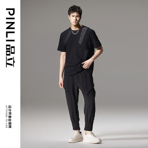PINLI品立2024夏季新款拼接短袖T恤潮牌百搭休闲黑色圆领男士上衣B242111011 商品图1