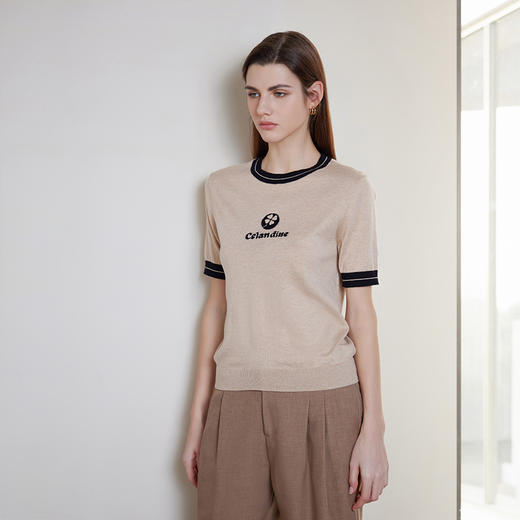 24年春季新品女士短袖针织套衫时尚百搭圆领撞色针织上衣 商品图1