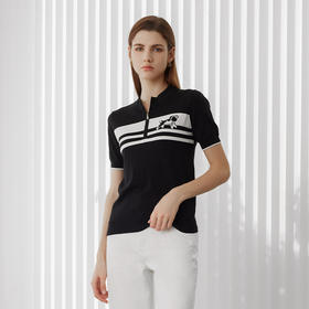 24年春季新品女士短袖针织套衫时尚立领条纹撞色修身上衣