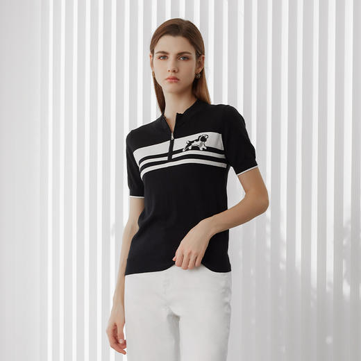 24年春季新品女士短袖针织套衫时尚立领条纹撞色修身上衣 商品图0