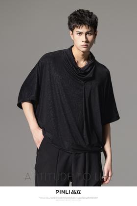 PINLI品立夏季新款堆堆领暗黑T恤潮流时尚宽松休闲短袖男上衣B242111005