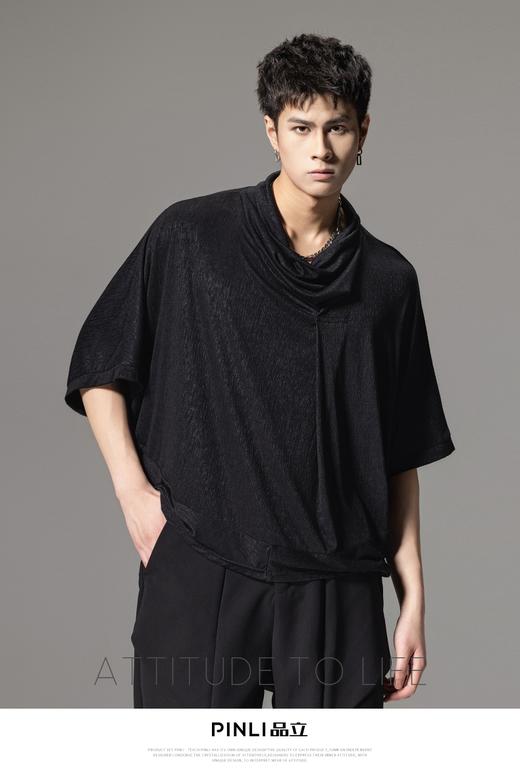 PINLI品立夏季新款堆堆领暗黑T恤潮流时尚宽松休闲短袖男上衣B242111005 商品图0