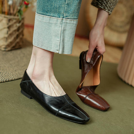 【预售5天】纯色简约，升级版胎水牛皮浅口平底单鞋PS1705 商品图0