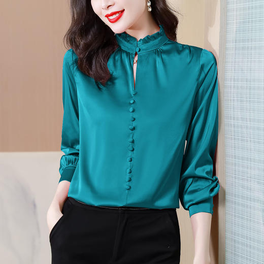 雀说 缎面仿真丝衬衫女春纯色上衣气质高级感仿桑蚕丝衬衣4ZF-021518 商品图4