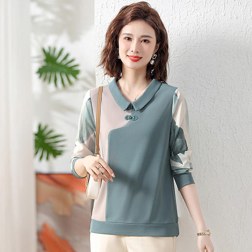 中老年春夏装【撞色翻领针织小衫】中年妈妈气质减龄 外穿长袖T恤上衣 商品图1