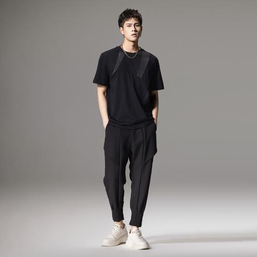 PINLI品立2024夏季新款拼接短袖T恤潮牌百搭休闲黑色圆领男士上衣B242111011 商品图4