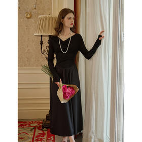 SimpleRetro黑色伦巴 设计感两穿针织连衣裙女春长袖收腰小黑裙子