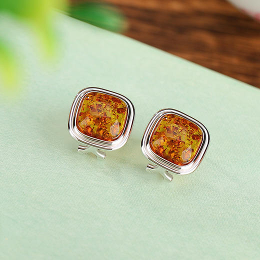 【一片芳心】S925银花珀复古几何方形耳钉【CW-ED03036】 商品图1