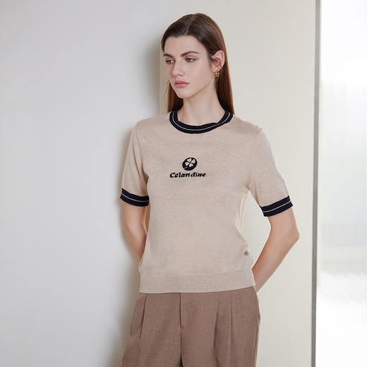 24年春季新品女士短袖针织套衫时尚百搭圆领撞色针织上衣 商品图2